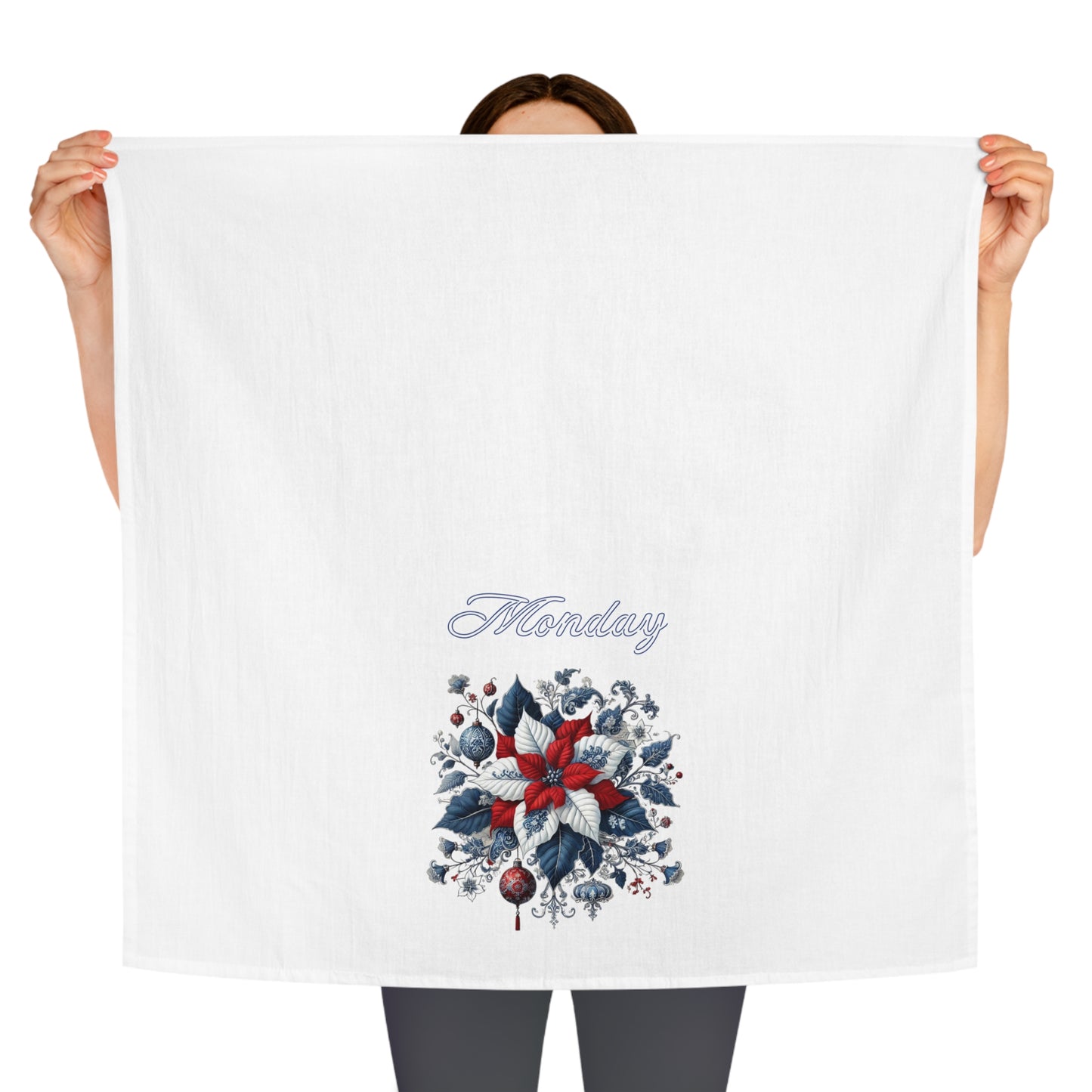 Monday - Blue, White, Red Chinoiserie Chique Poinsettia Tea Towel