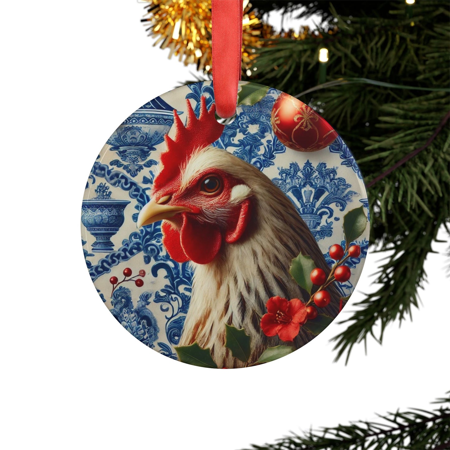 Blue White Hen Print Chinoiserie Chique Acrylic Ornament