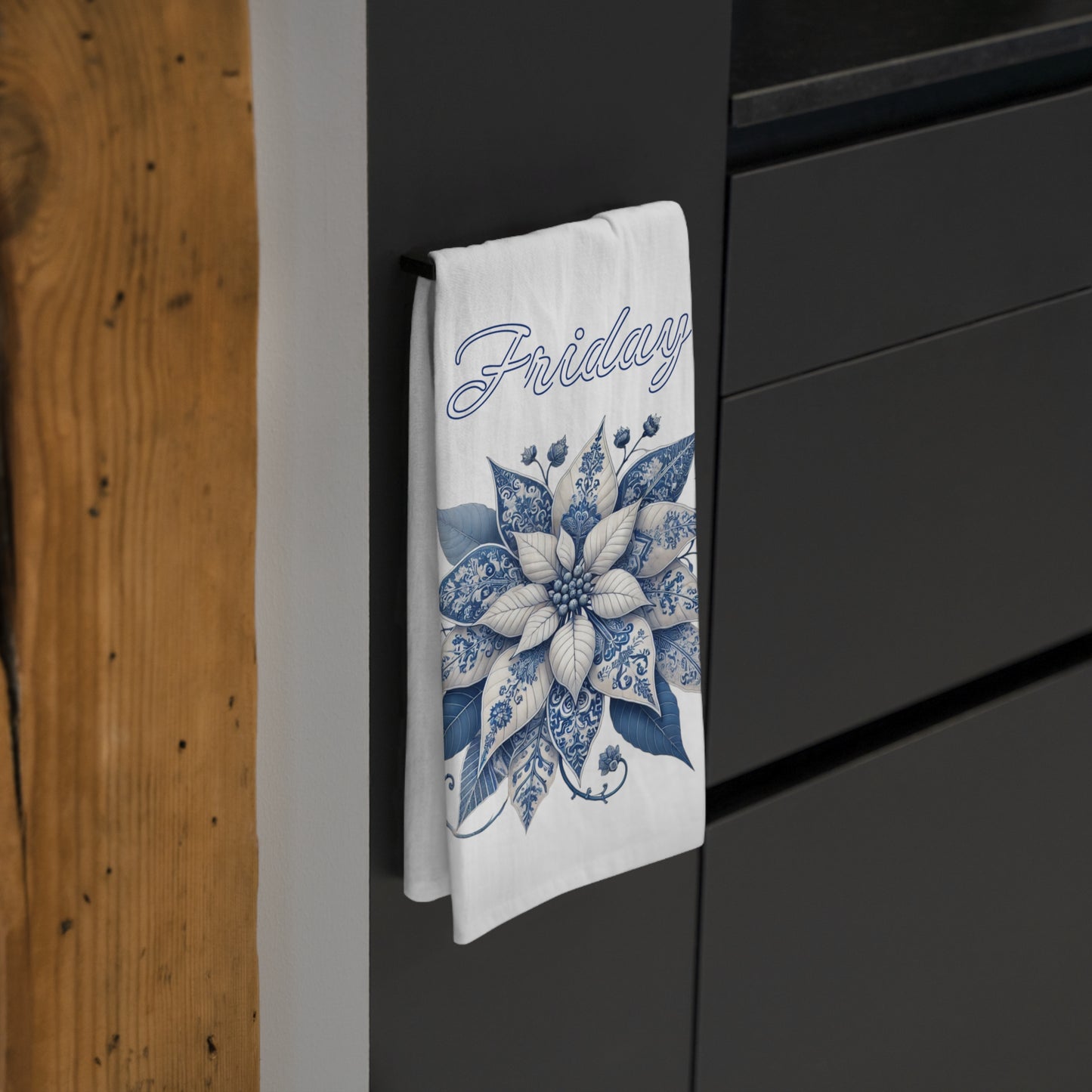 Friday - Blue and White Chinoiserie Chique Poinsettia Tea Towel