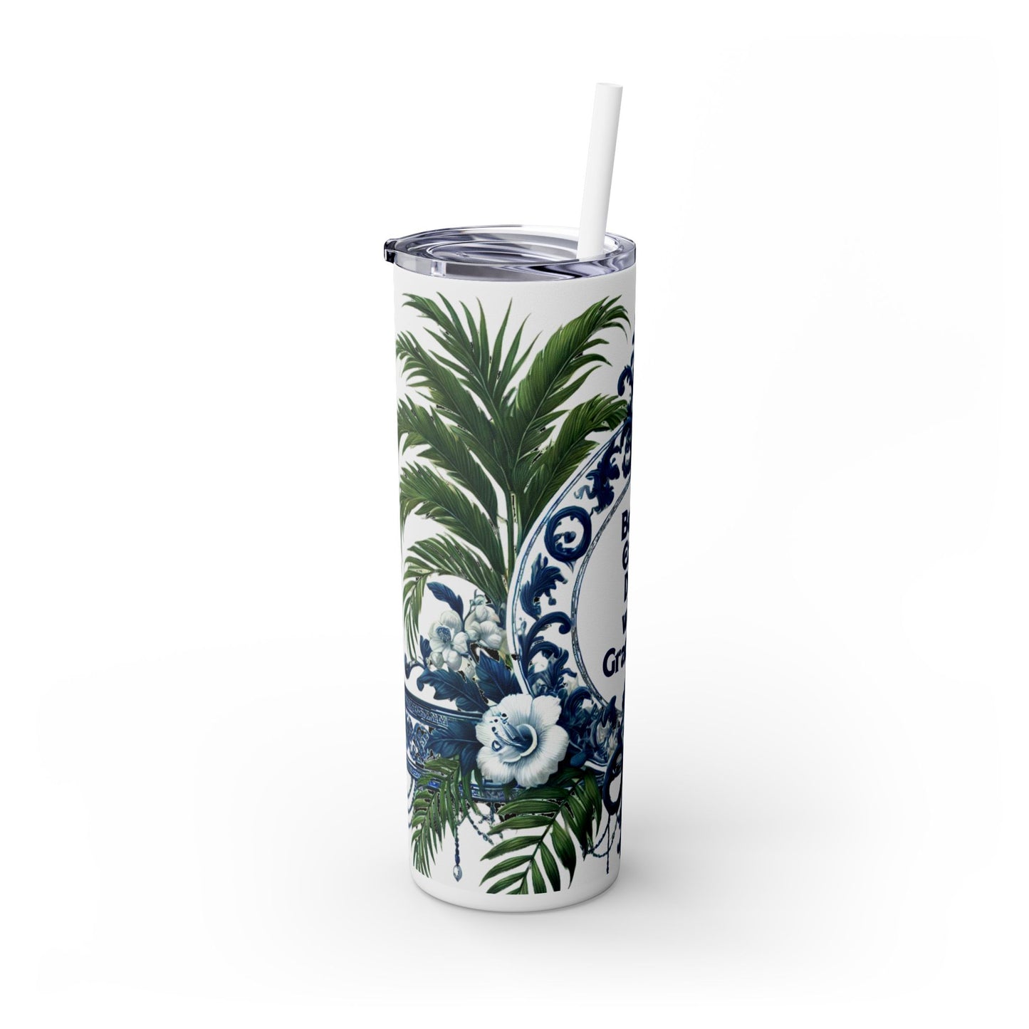 GRATITUDE Message - Skinny Tumbler - Chinoiserie Chique Blue White Design, 20oz