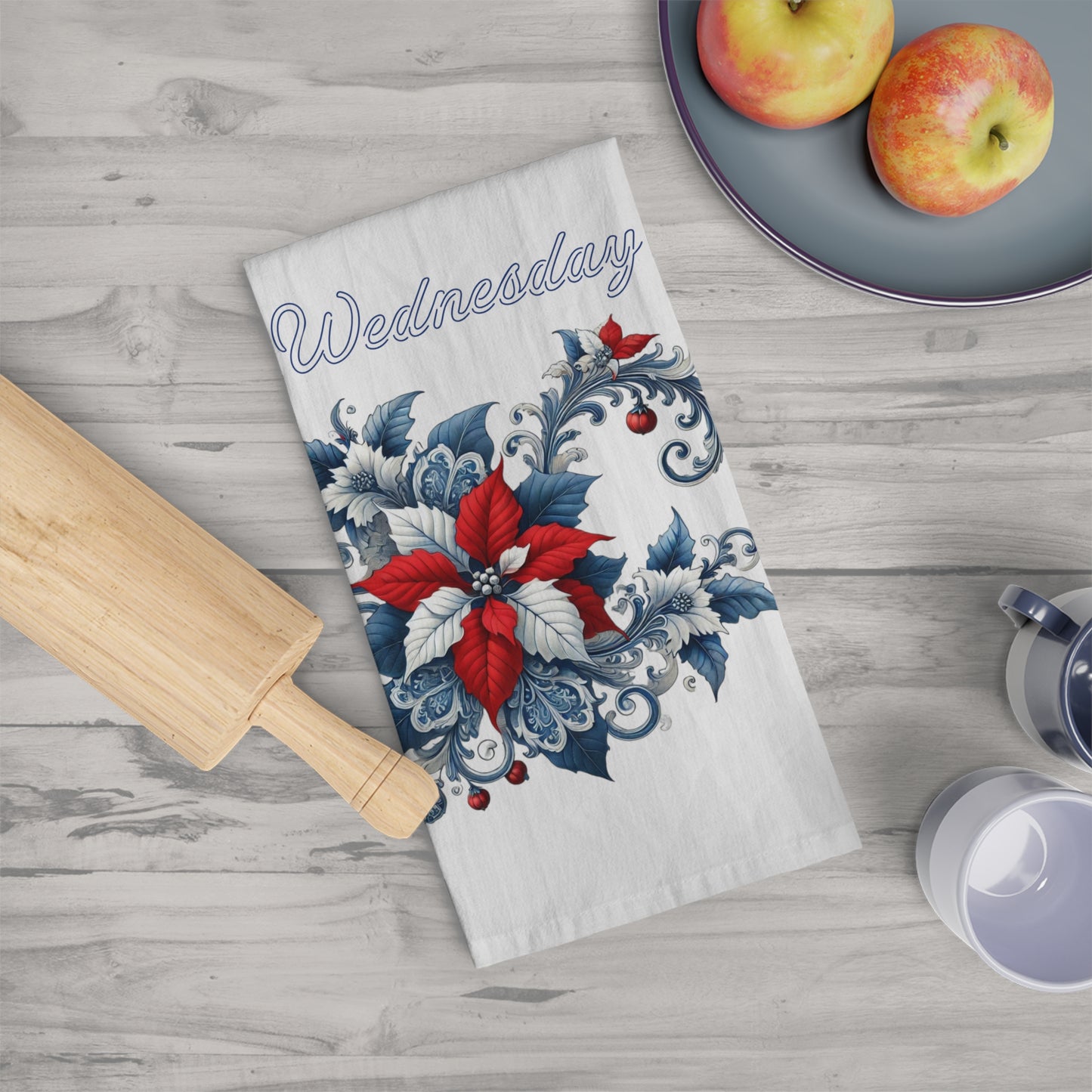 Wednesday - Blue, White, Red Chinoiserie Chique Poinsettia Tea Towel