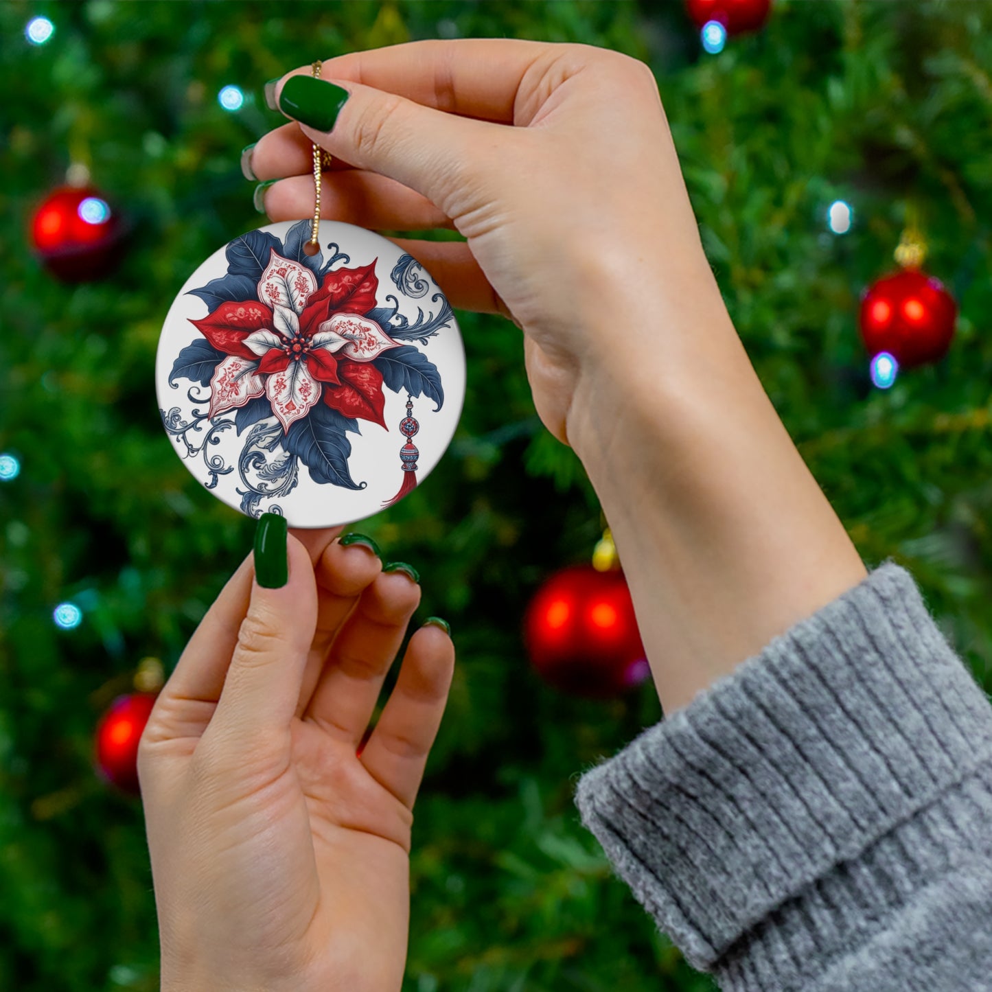 Blue White Red Style2 Chinoiserie Chique Ceramic Ornament, 2 shapes available