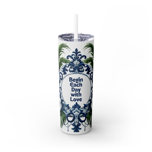 LOVE Message - Skinny Tumbler - Chinoiserie Chique Blue White Design, 20oz