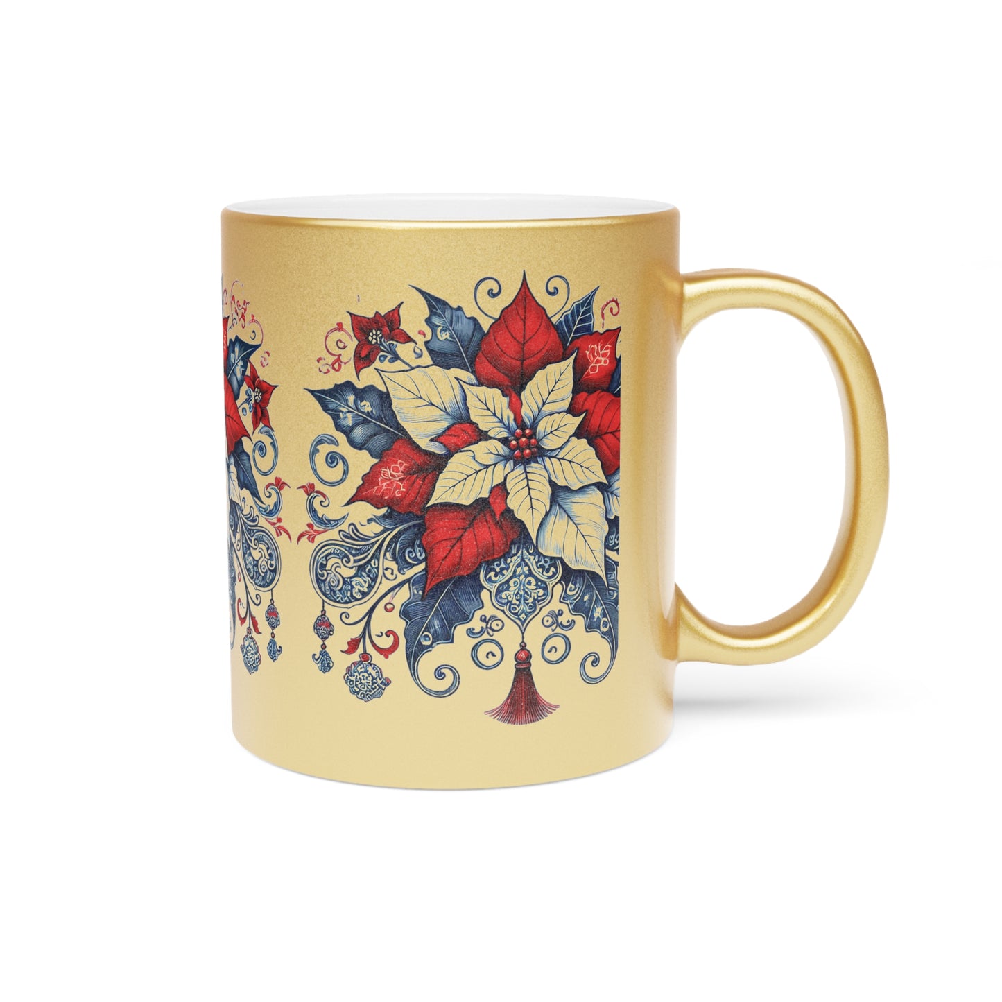 Chinoiserie Chique Metallic Gold or Silver Mug with Red Poinsettia Elegance