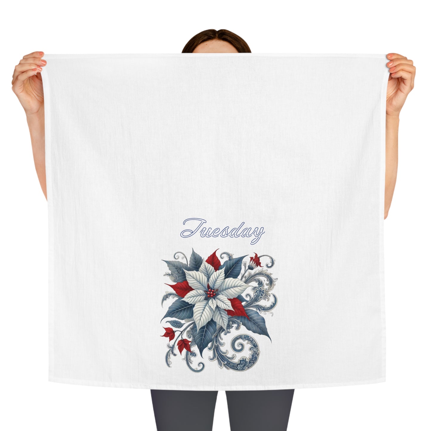 Tuesday - Blue, White, Red Chinoiserie Chique Poinsettia Tea Towel