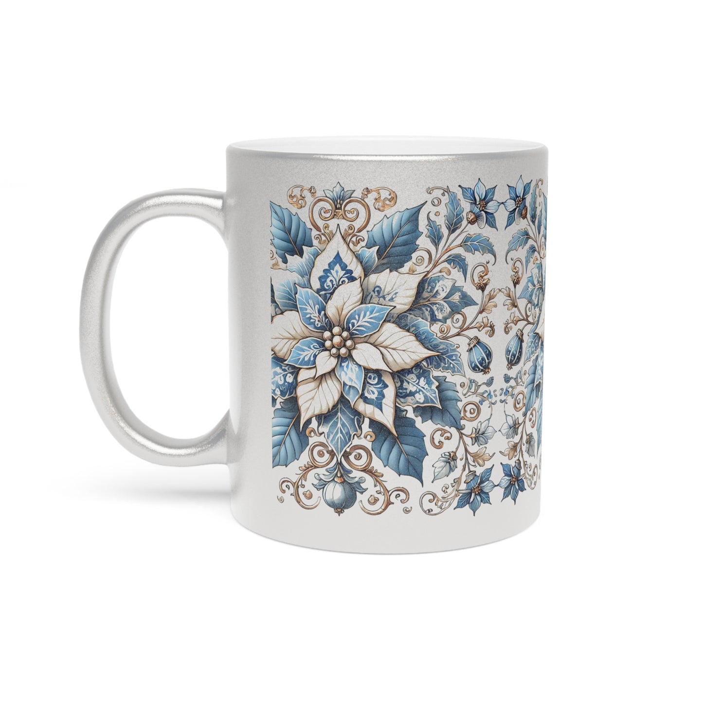 Chinoiserie Chique Metallic Gold or Silver Mug with Blue Poinsettia Elegance