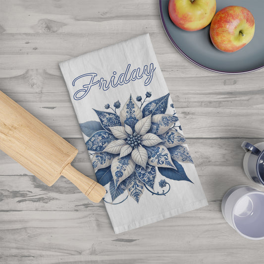 Friday - Blue and White Chinoiserie Chique Poinsettia Tea Towel