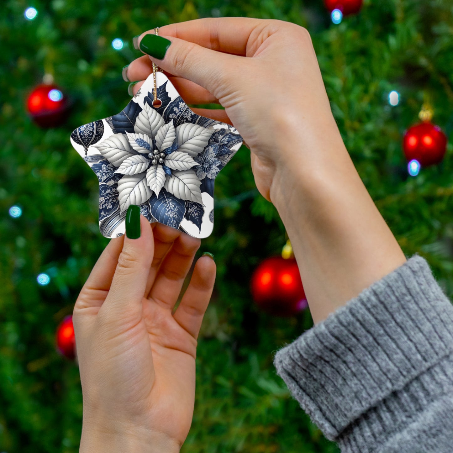 Blue White Silver Style2 Chinoiserie Chique Ceramic Ornament, 3 shapes available