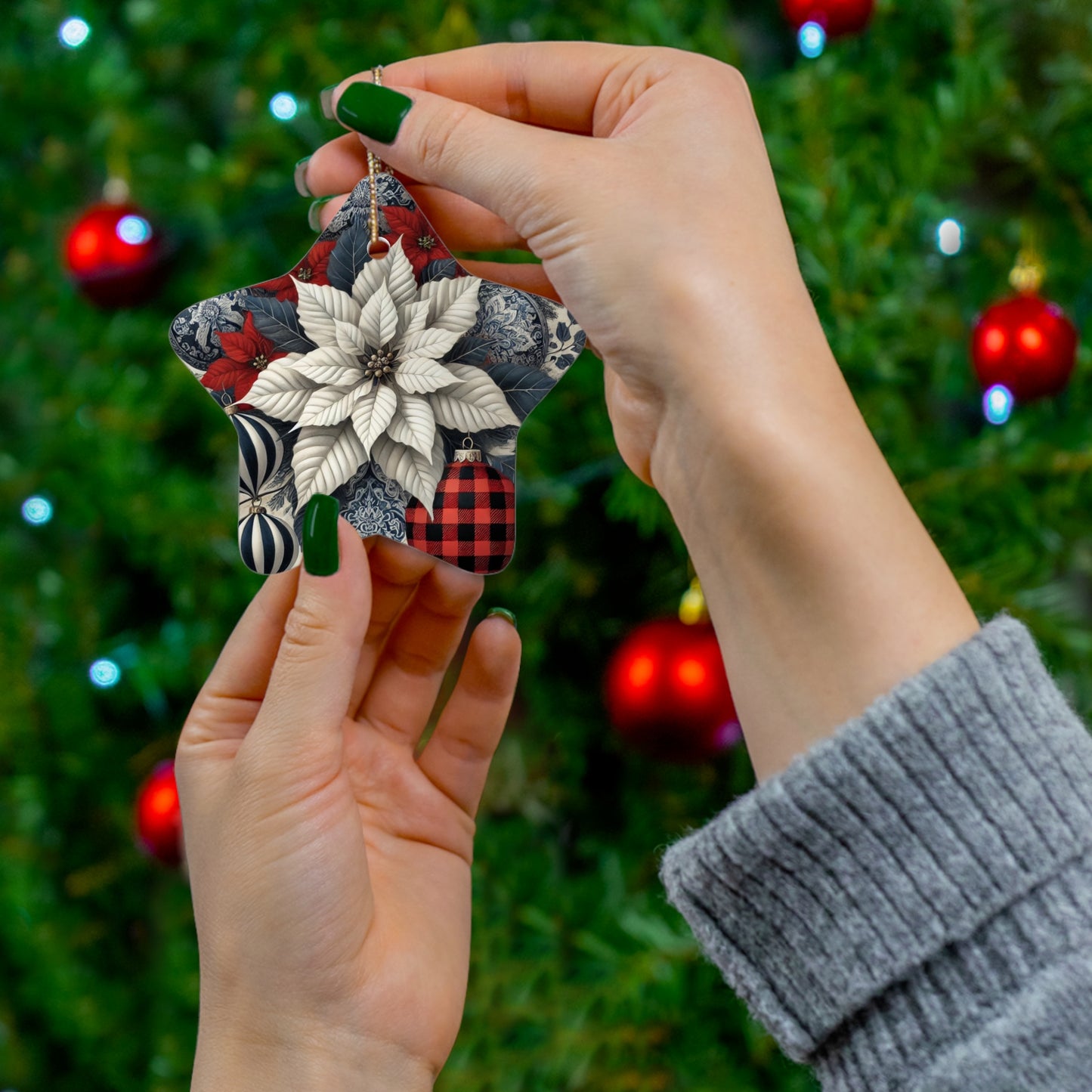 Blue White Buffalo Plaid Style2 Chinoiserie Chique Ceramic Ornament, 3 shapes available