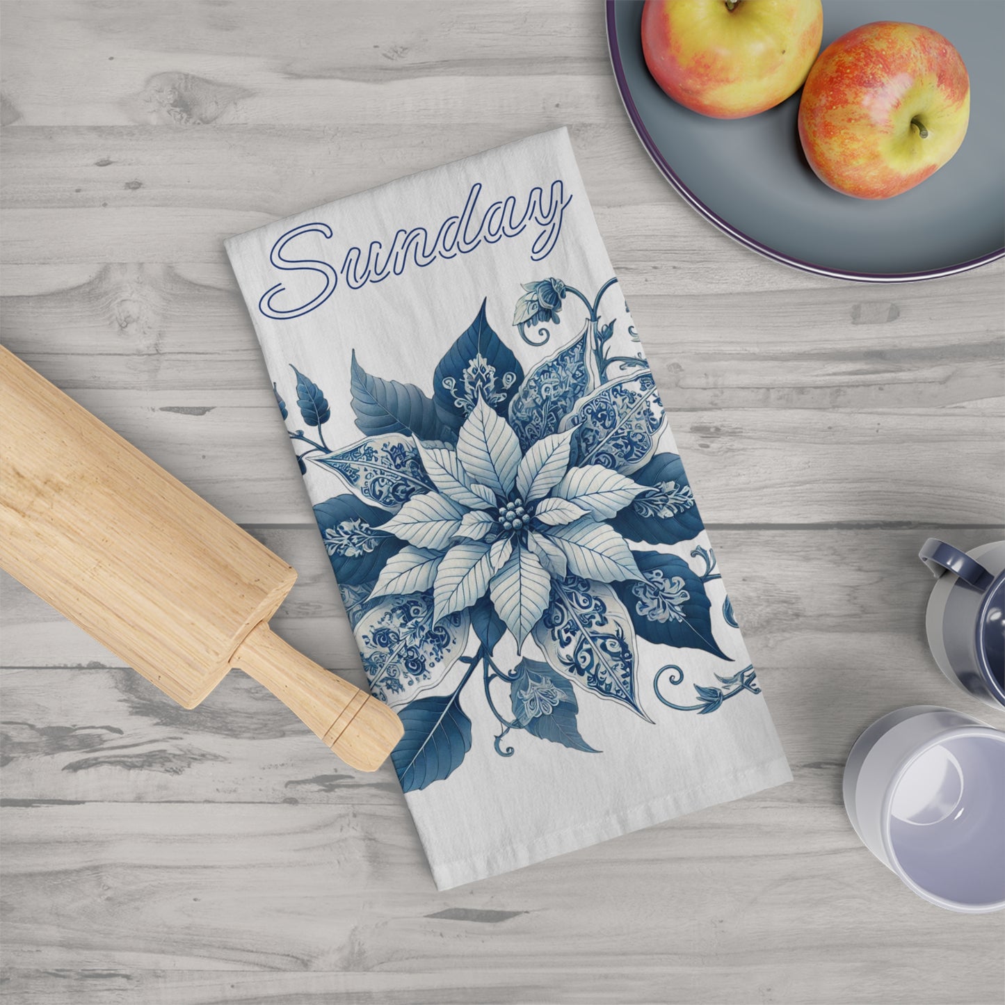 Sunday - Blue and White Chinoiserie Chique Poinsettia Tea Towel