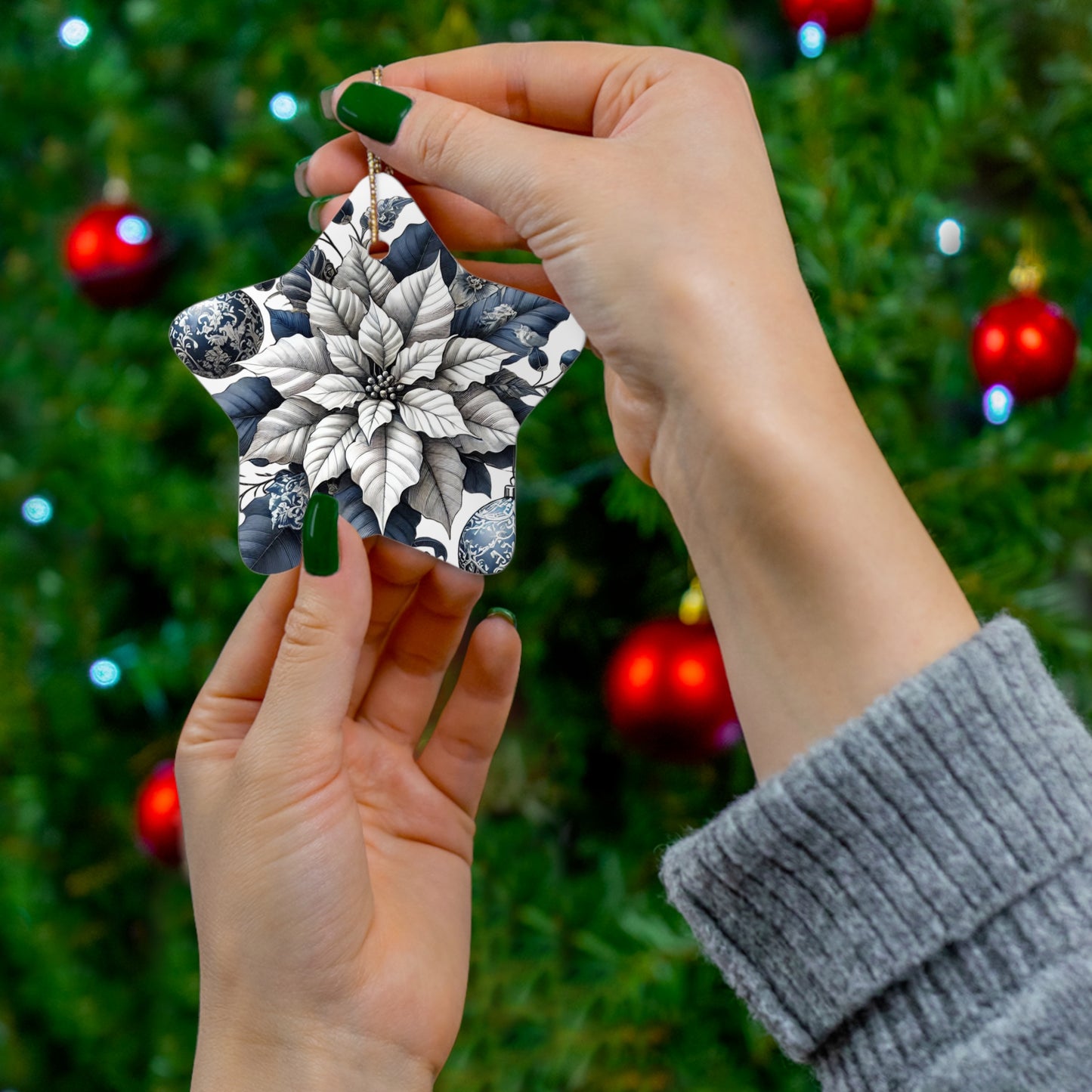 Blue White Silver Style3 Chinoiserie Chique Ceramic Ornament, 3 shapes available