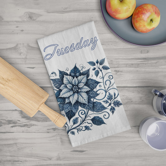 Tuesday - Blue and White Chinoiserie Chique Poinsettia Tea Towel