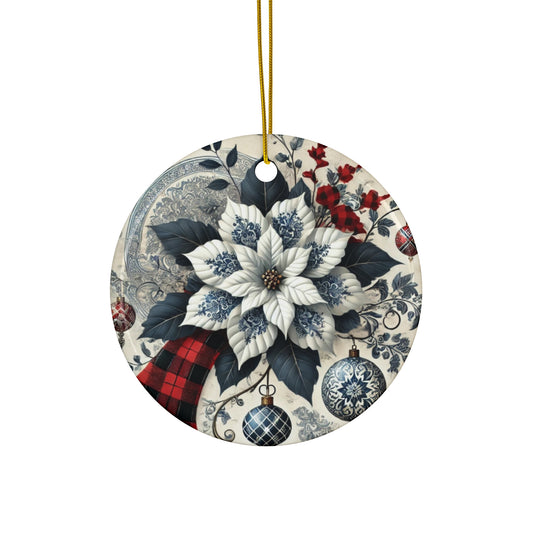 Blue White Buffalo Plaid Style4 Chinoiserie Chique Ceramic Ornament, 3 shapes available