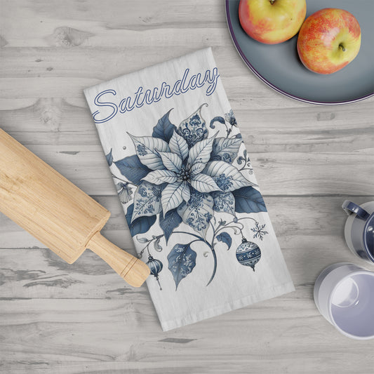 Saturday - Blue and White Chinoiserie Chique Poinsettia Tea Towel