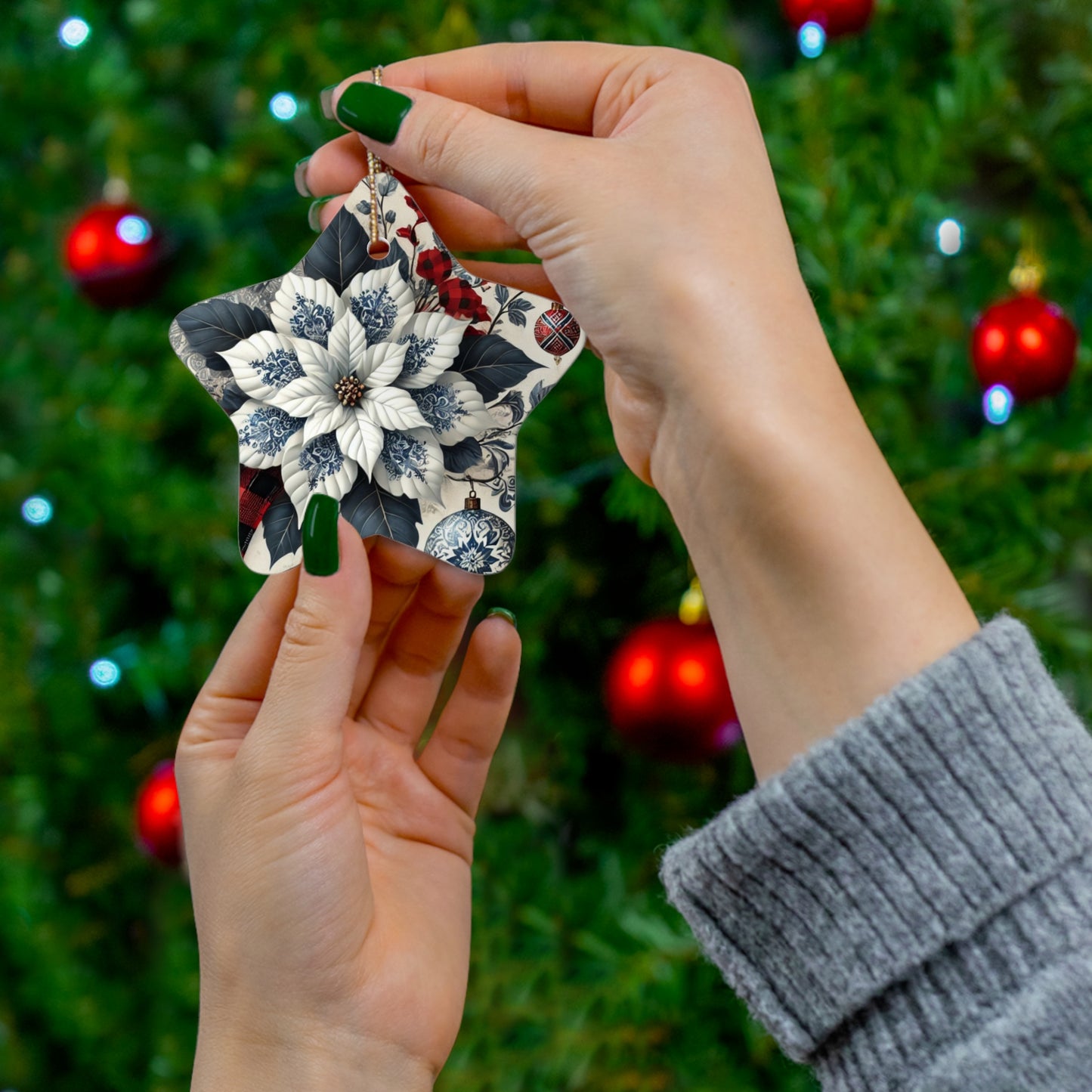 Blue White Buffalo Plaid Style4 Chinoiserie Chique Ceramic Ornament, 3 shapes available