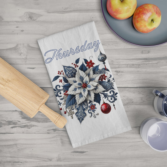 Thursday - Blue, White, Red Chinoiserie Chique Poinsettia Tea Towel