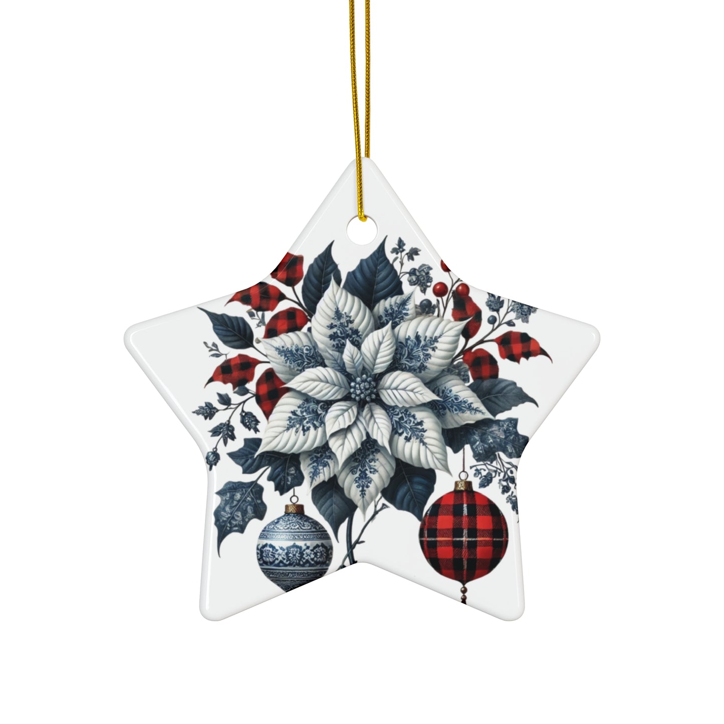 Blue White Buffalo Plaid Style3 Chinoiserie Chique Ceramic Ornament, 3 shapes available