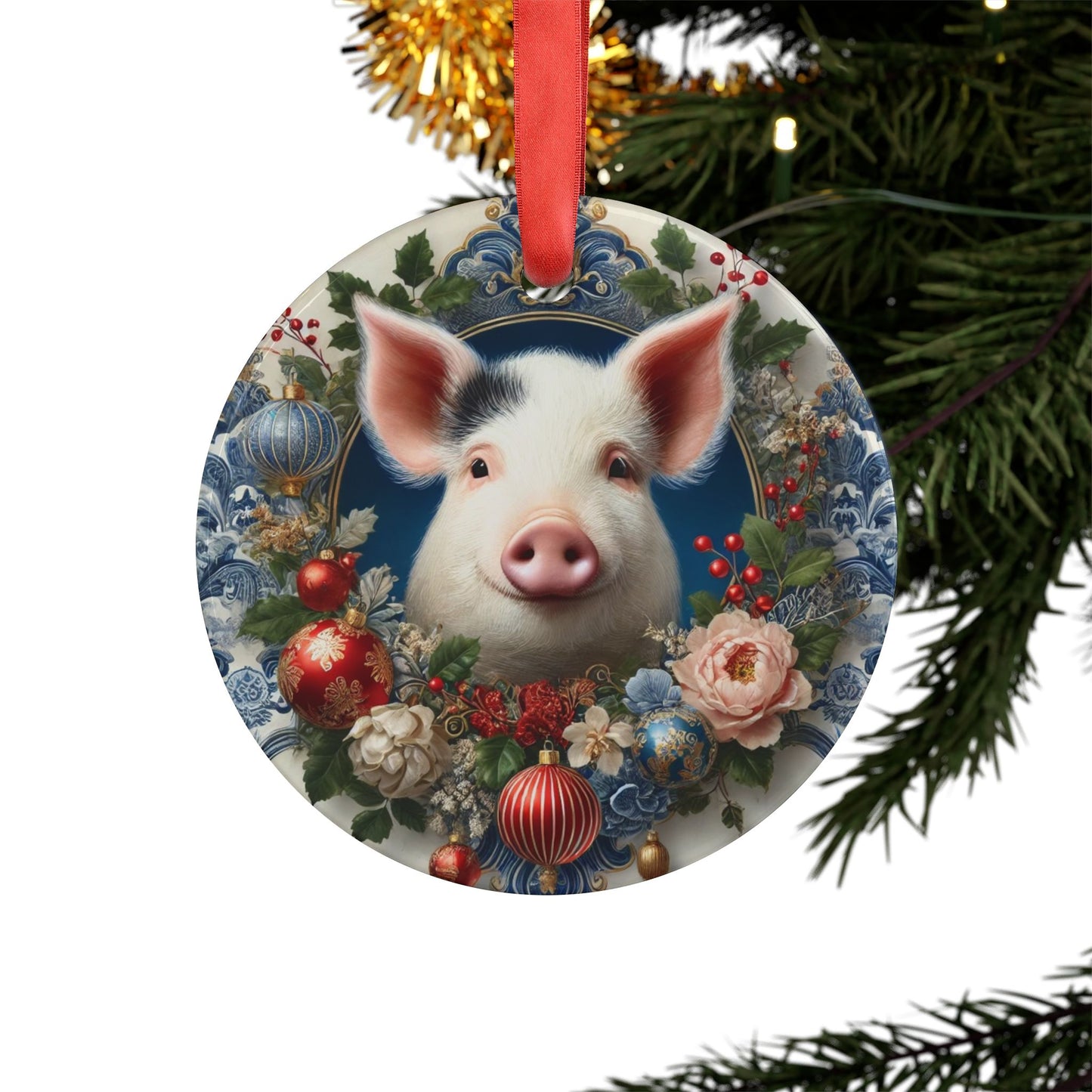 Blue White Pig Print Chinoiserie Chique Acrylic Ornament