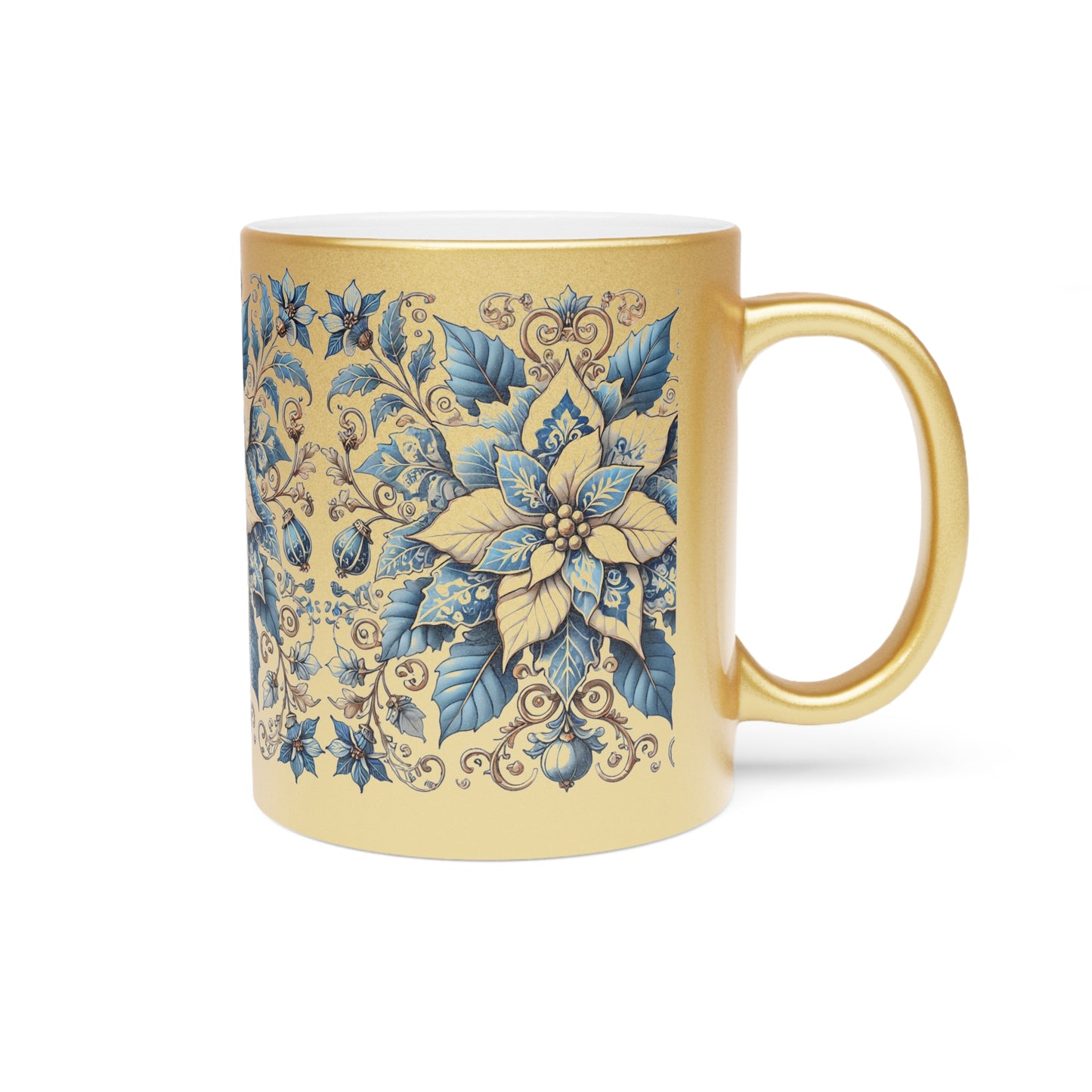 Chinoiserie Chique Metallic Gold or Silver Mug with Blue Poinsettia Elegance