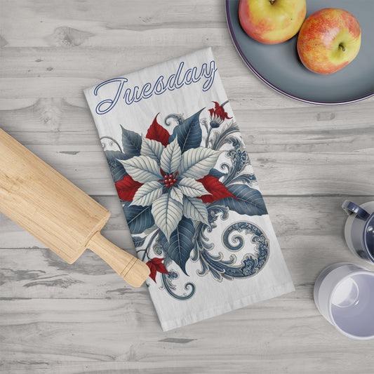 Tuesday - Blue, White, Red Chinoiserie Chique Poinsettia Tea Towel