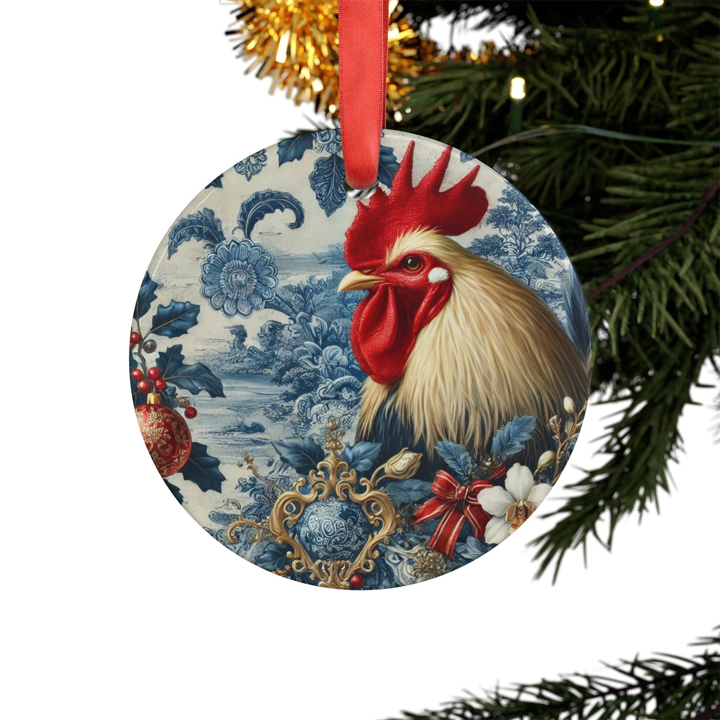 Blue White Rooster Print Chinoiserie Chique Acrylic Ornament