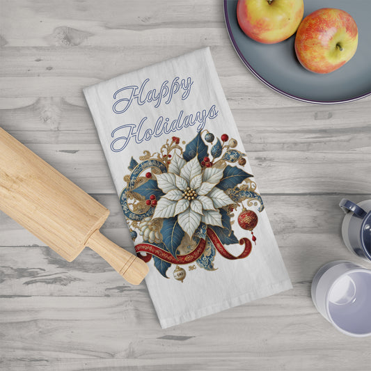 Happy Holidays - Chinoiserie Chique Blue, White, Red Poinsettia Tea Towel