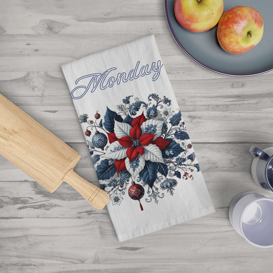 Monday - Blue, White, Red Chinoiserie Chique Poinsettia Tea Towel