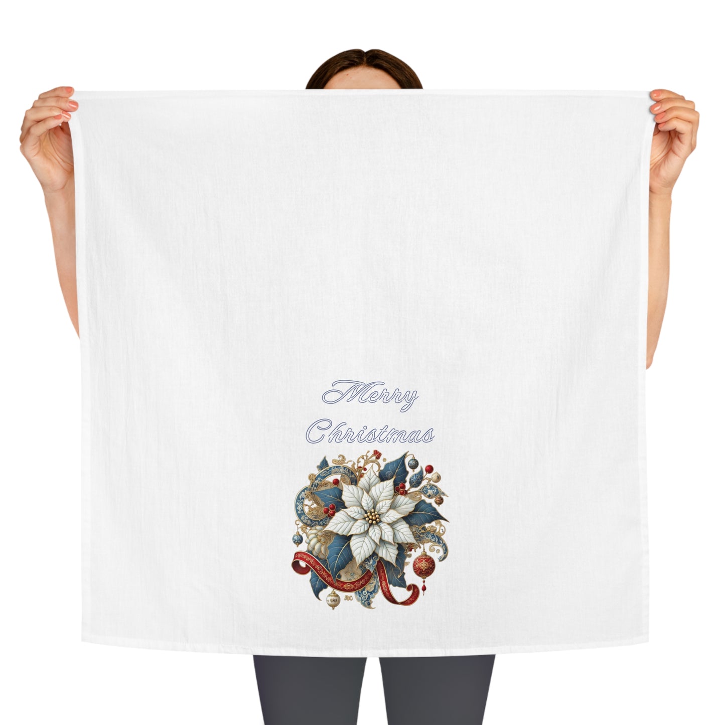 Merry Christmas - Chinoiserie Chique Blue, White, Red Poinsettia Tea Towel