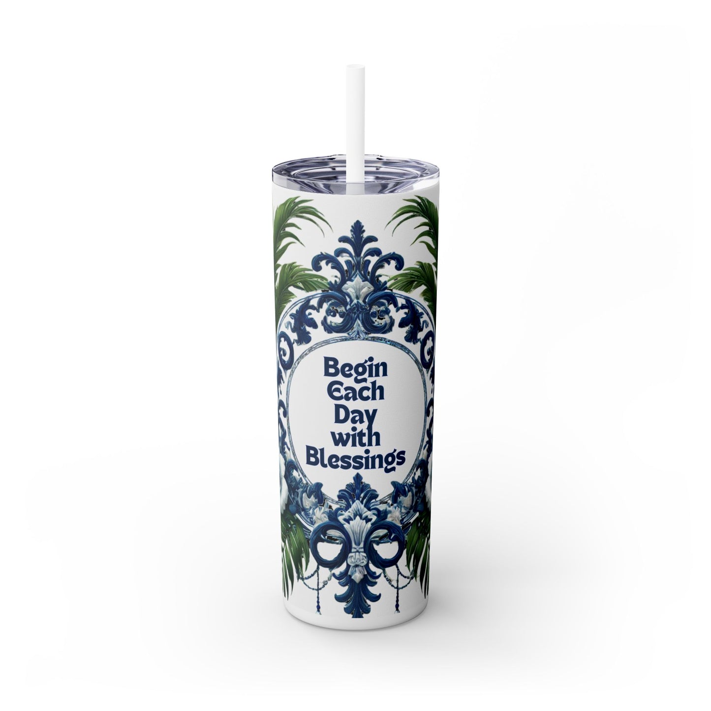 BLESSINGS Message - Skinny Tumbler - Chinoiserie Chique Blue White Design, 20oz