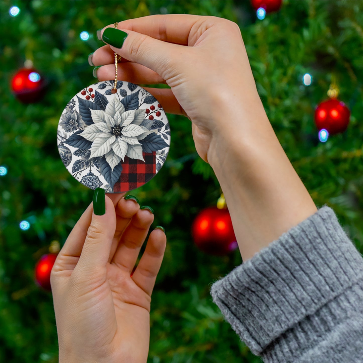 Blue White Buffalo Plaid Style1 Chinoiserie Chique Ceramic Ornament, 3 shapes available