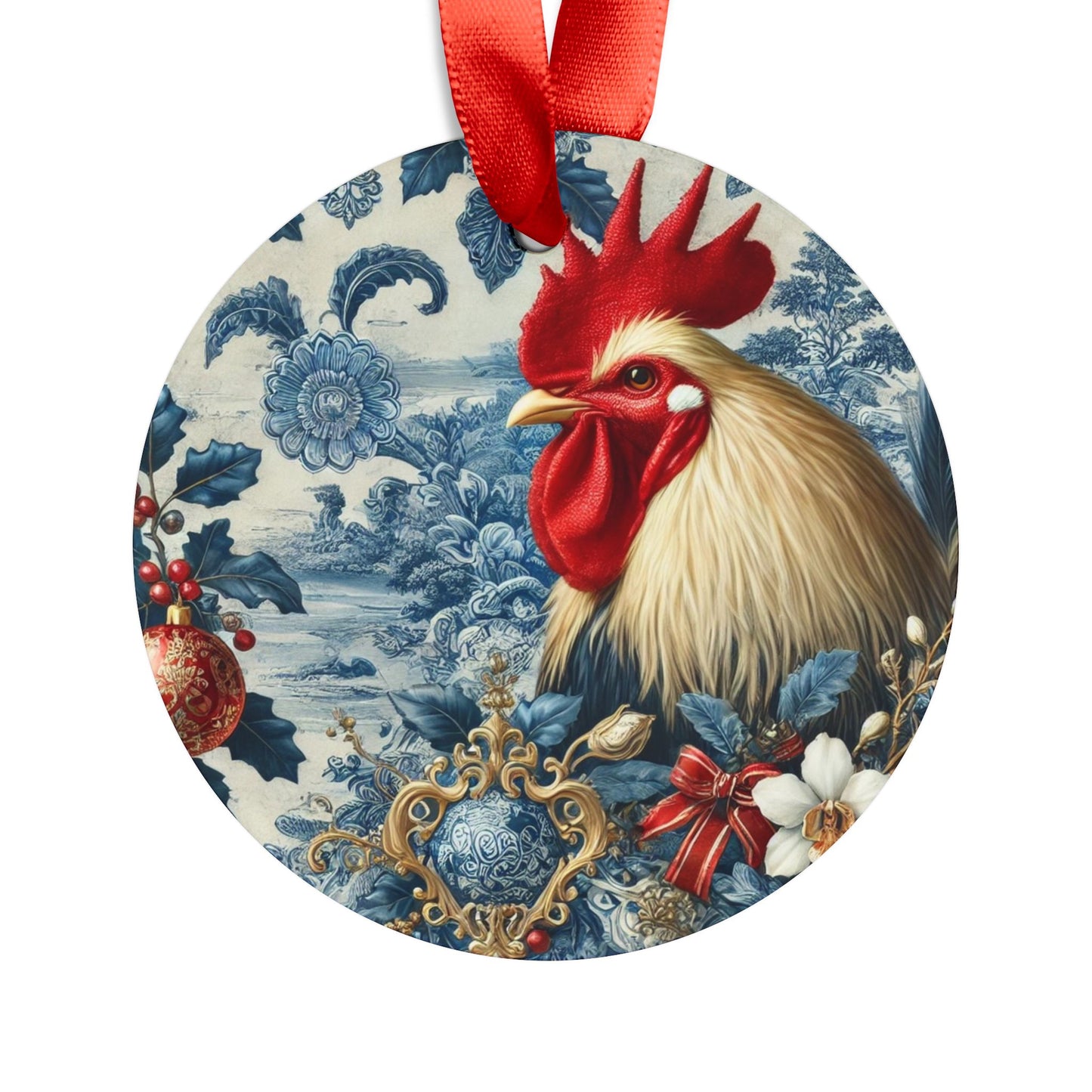 Blue White Rooster Print Chinoiserie Chique Acrylic Ornament