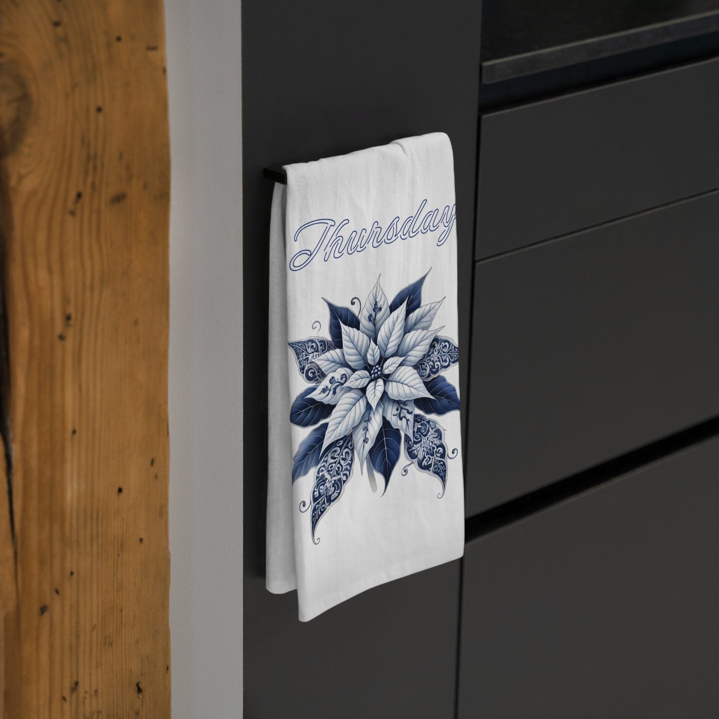 Thursday - Blue and White Chinoiserie Chique Poinsettia Tea Towel