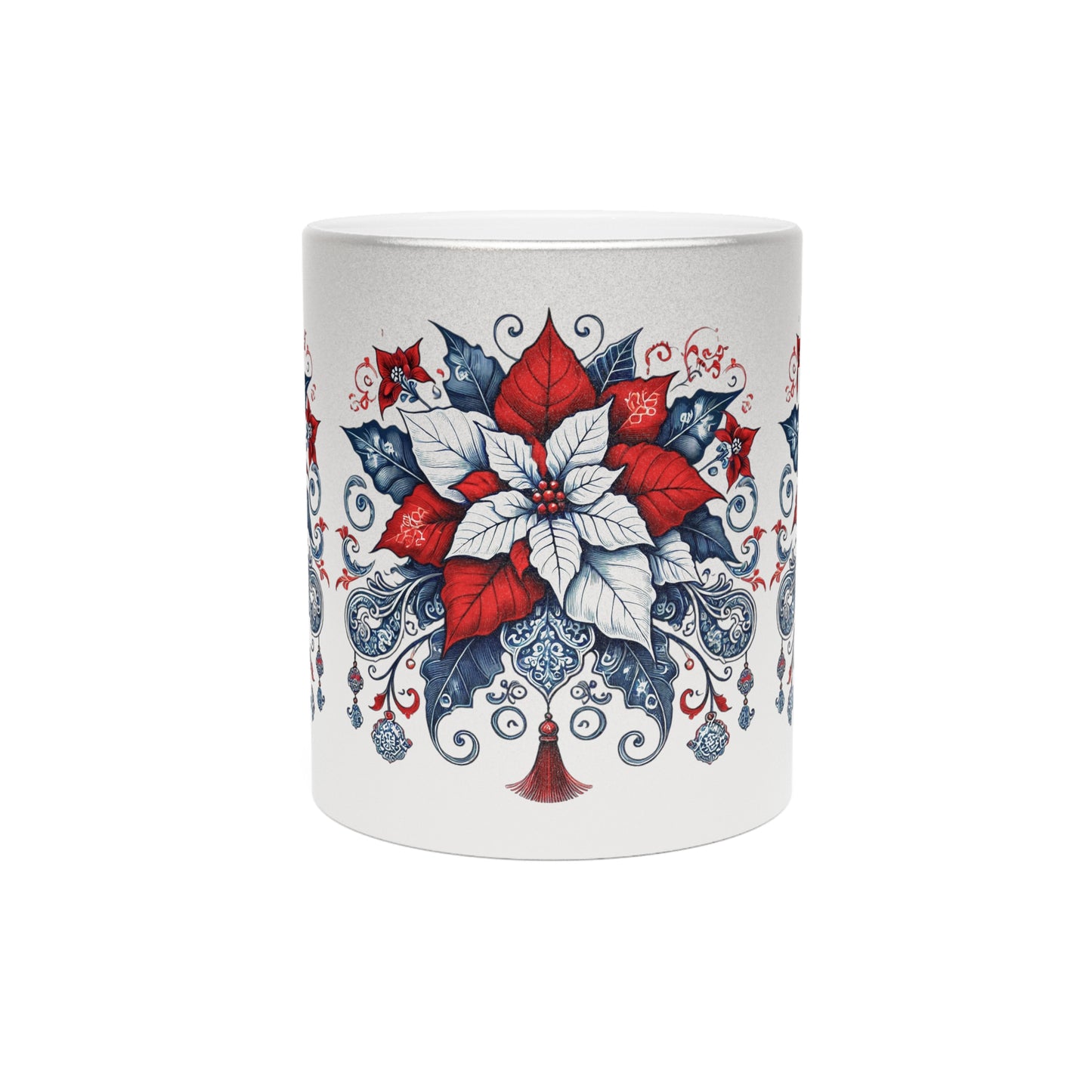 Chinoiserie Chique Metallic Gold or Silver Mug with Red Poinsettia Elegance