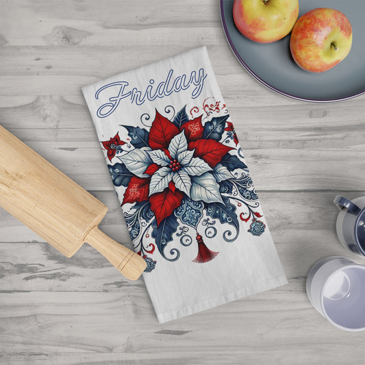 Friday - Blue, White, Red Chinoiserie Chique Poinsettia Tea Towel