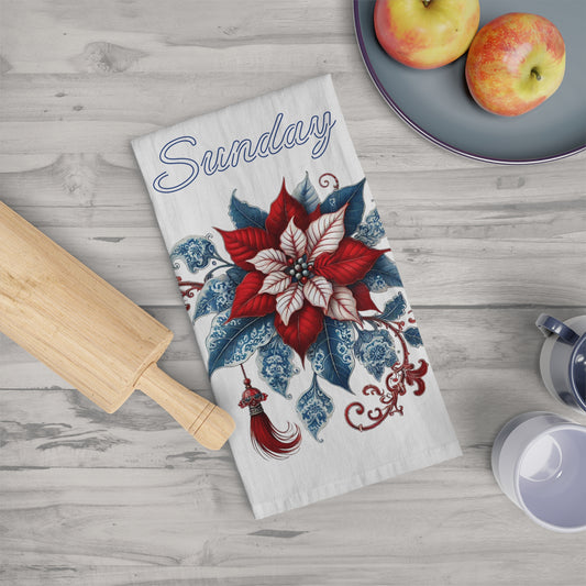 Sunday - Blue, White, Red Chinoiserie Chique Poinsettia Tea Towel