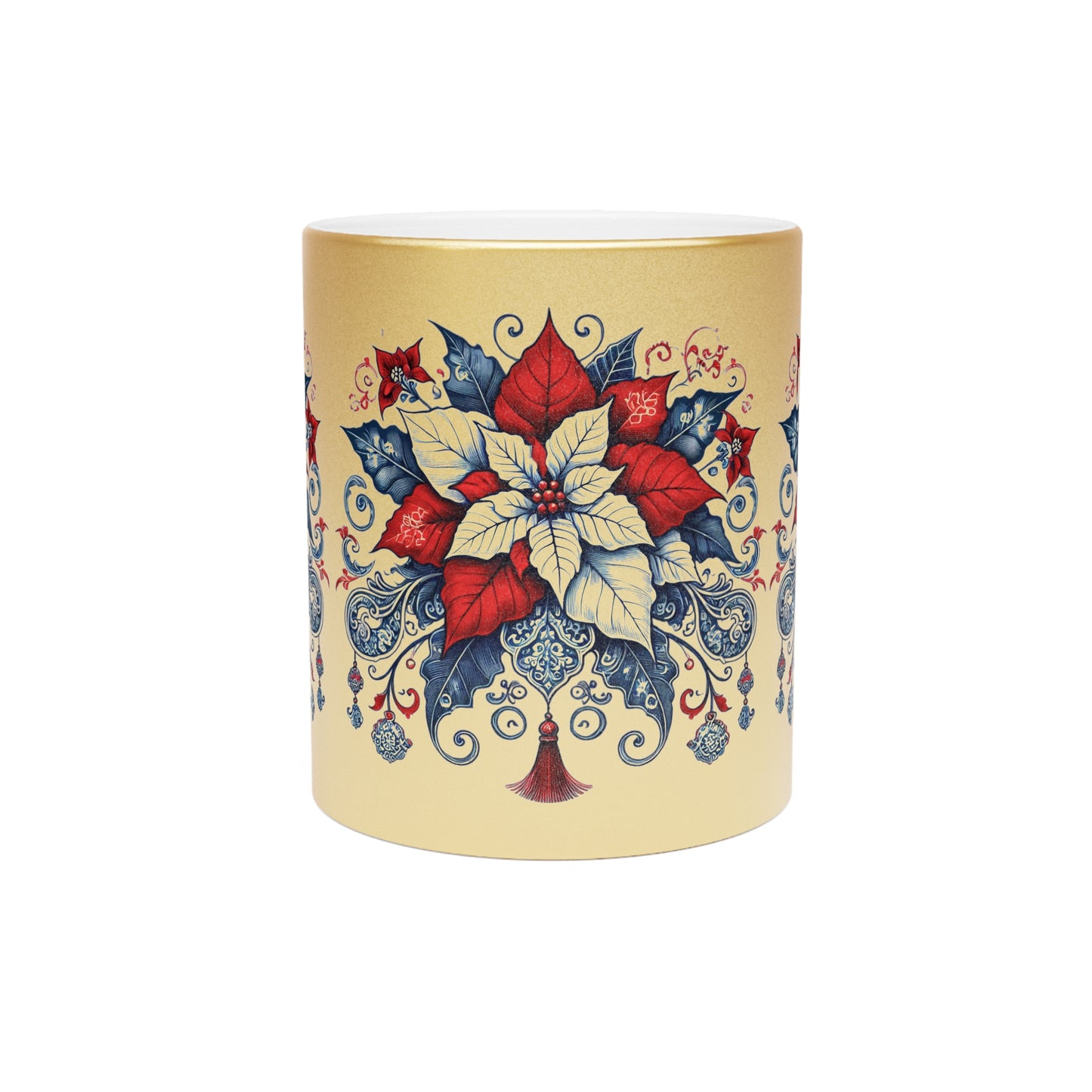 Chinoiserie Chique Metallic Gold or Silver Mug with Red Poinsettia Elegance