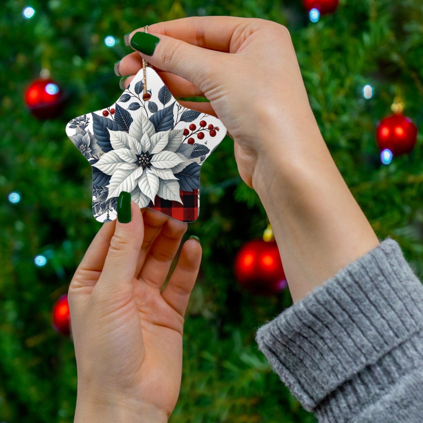 Blue White Buffalo Plaid Style1 Chinoiserie Chique Ceramic Ornament, 3 shapes available