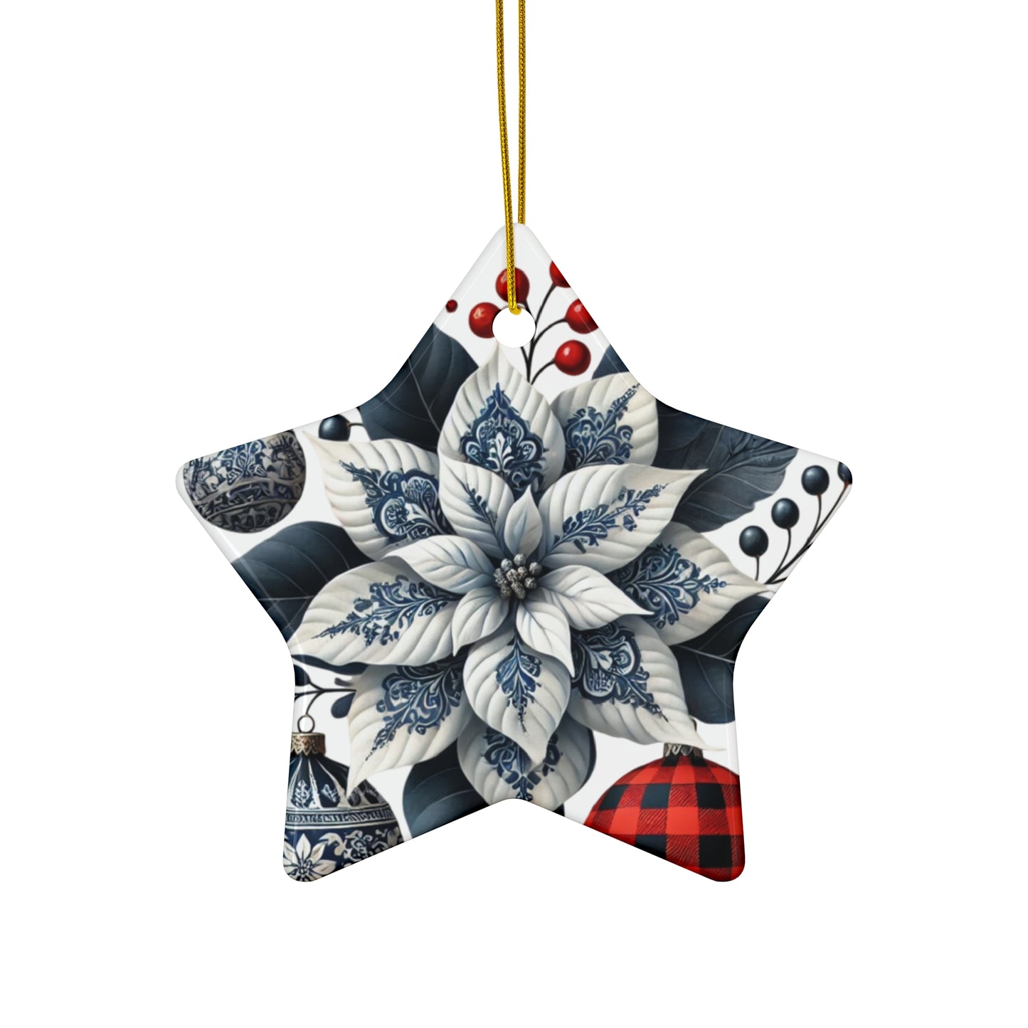 Blue White Buffalo Plaid Style5 Chinoiserie Chique Ceramic Ornament, 3 shapes available