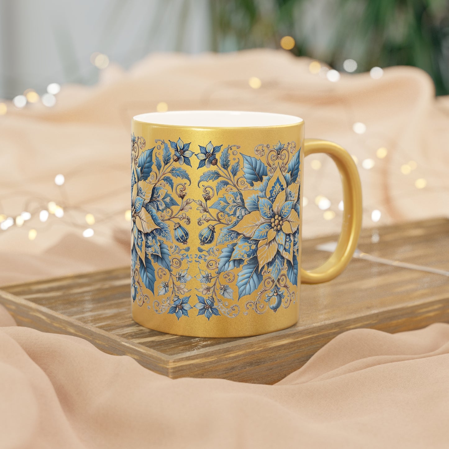 Chinoiserie Chique Metallic Gold or Silver Mug with Blue Poinsettia Elegance