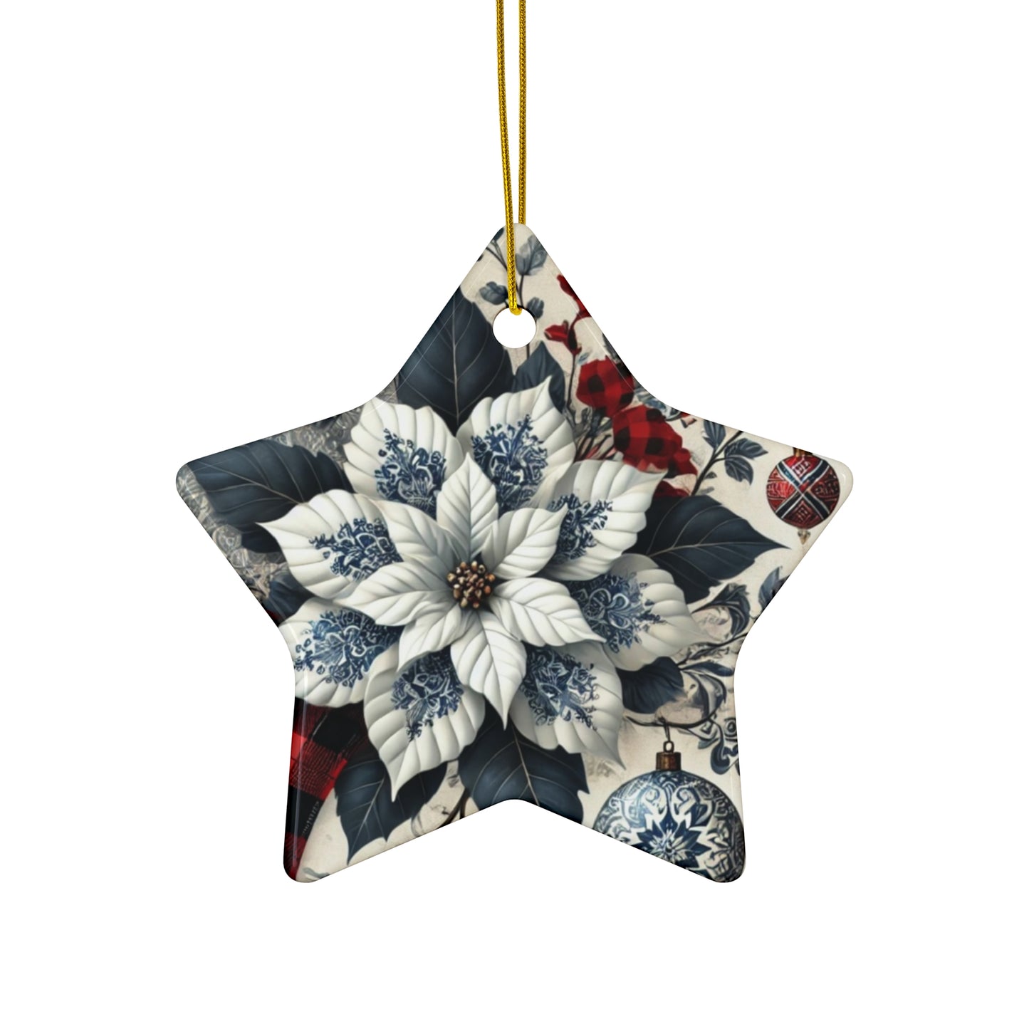 Blue White Buffalo Plaid Style4 Chinoiserie Chique Ceramic Ornament, 3 shapes available