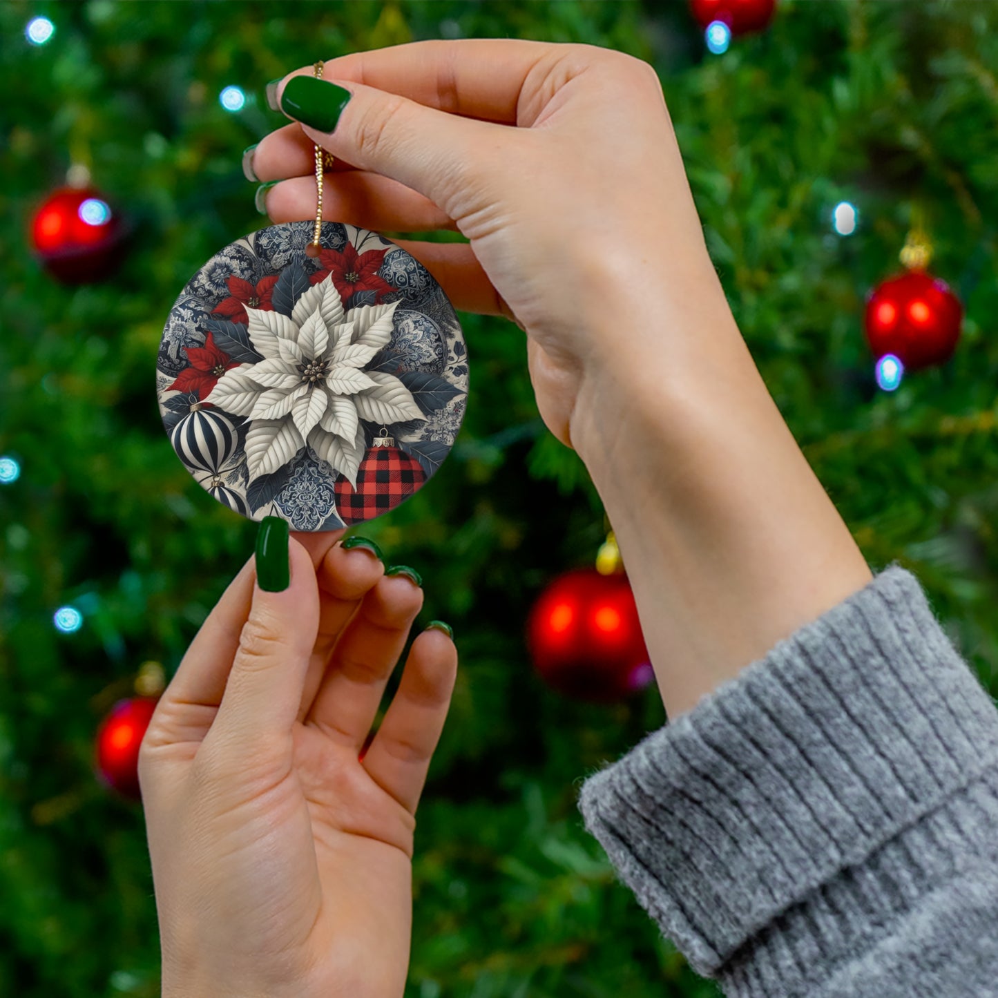 Blue White Buffalo Plaid Style2 Chinoiserie Chique Ceramic Ornament, 3 shapes available