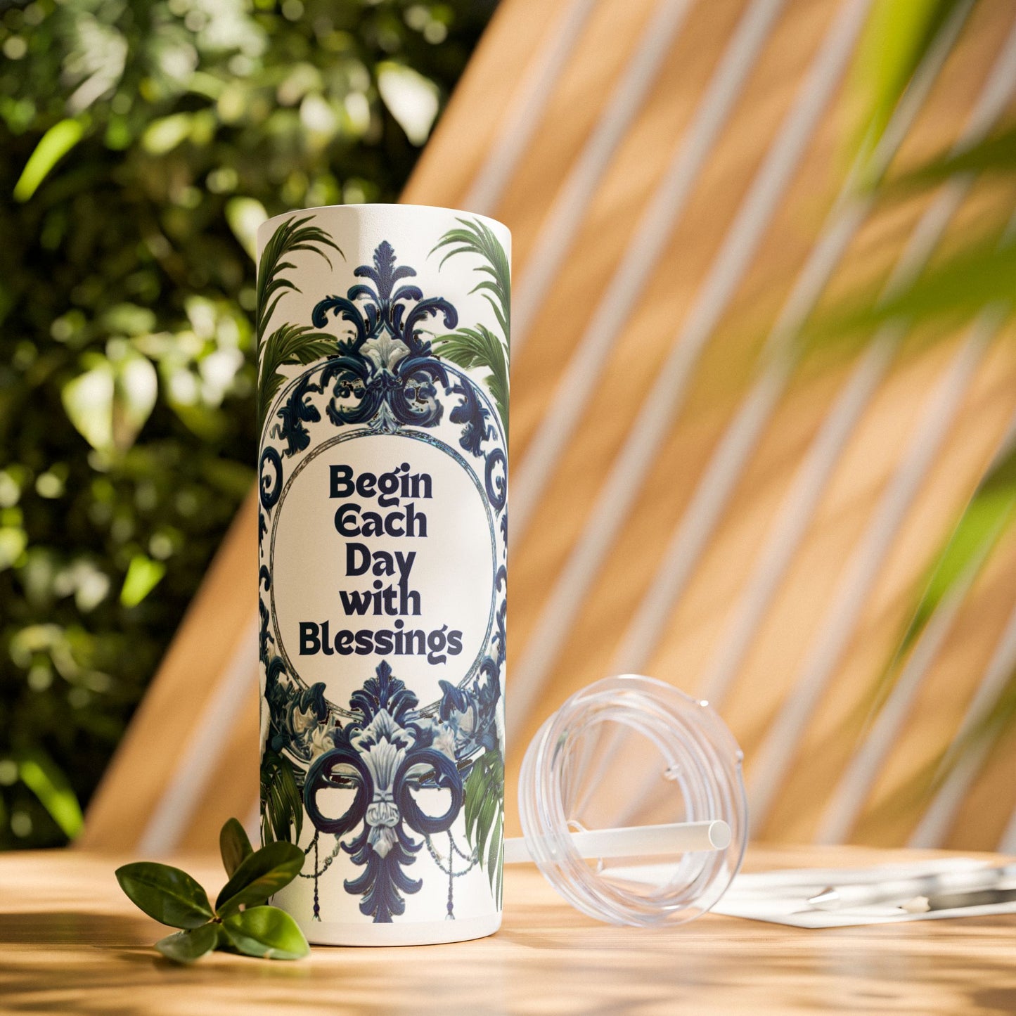 BLESSINGS Message - Skinny Tumbler - Chinoiserie Chique Blue White Design, 20oz