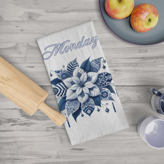 Monday - Blue and White Chinoiserie Chique Poinsettia Tea Towel