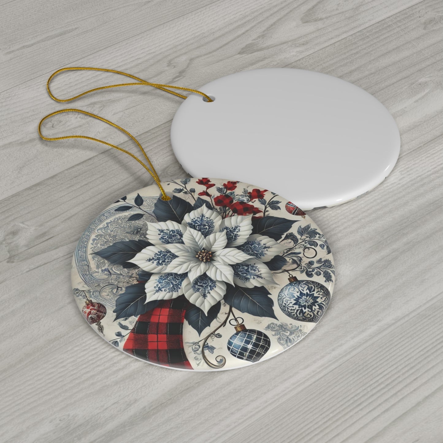 Blue White Buffalo Plaid Style4 Chinoiserie Chique Ceramic Ornament, 3 shapes available