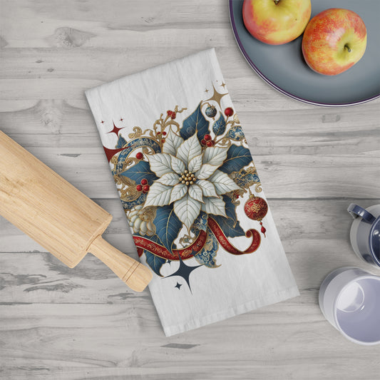 Stars - Chinoiserie Chique Blue, White, Red Poinsettia Tea Towel