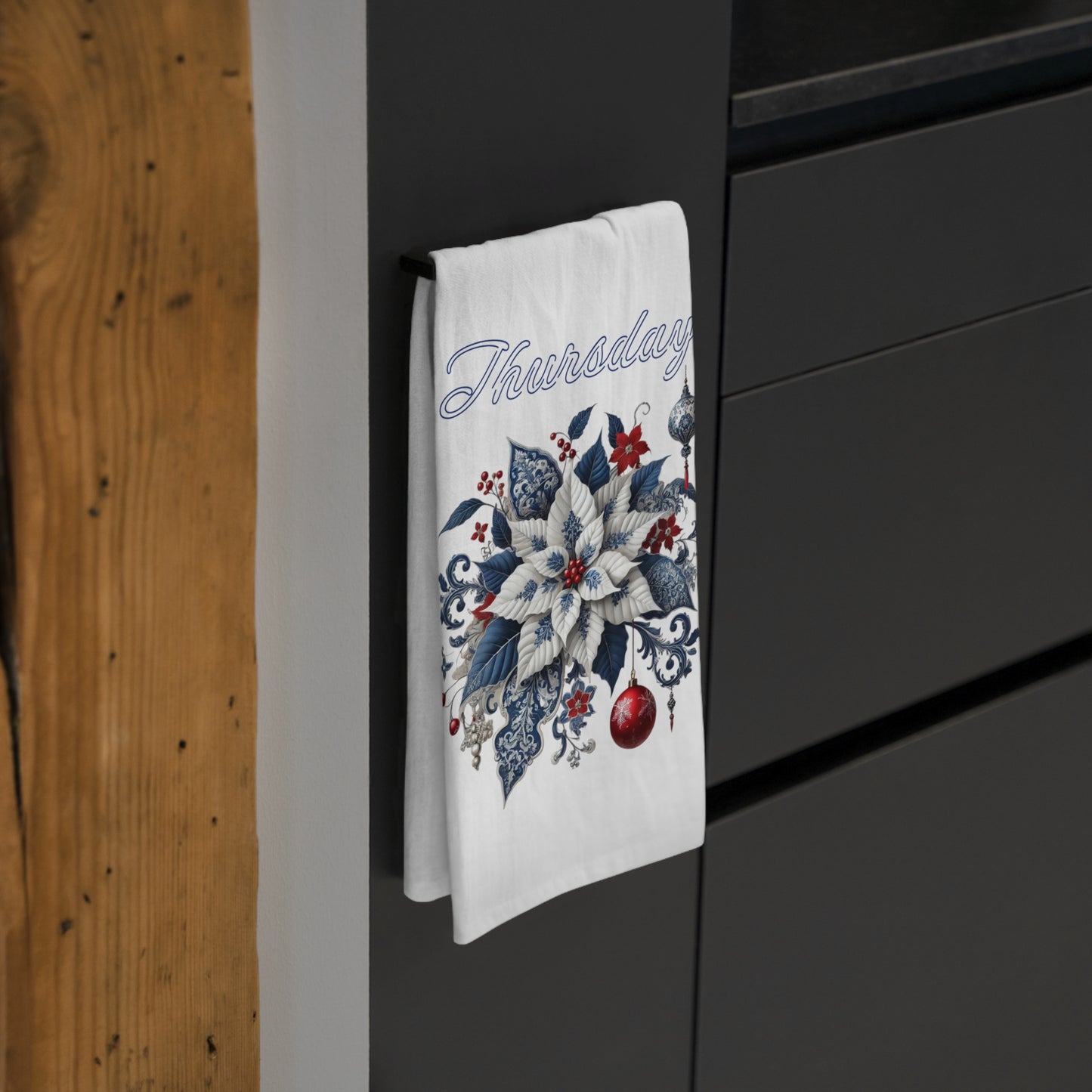 Thursday - Blue, White, Red Chinoiserie Chique Poinsettia Tea Towel