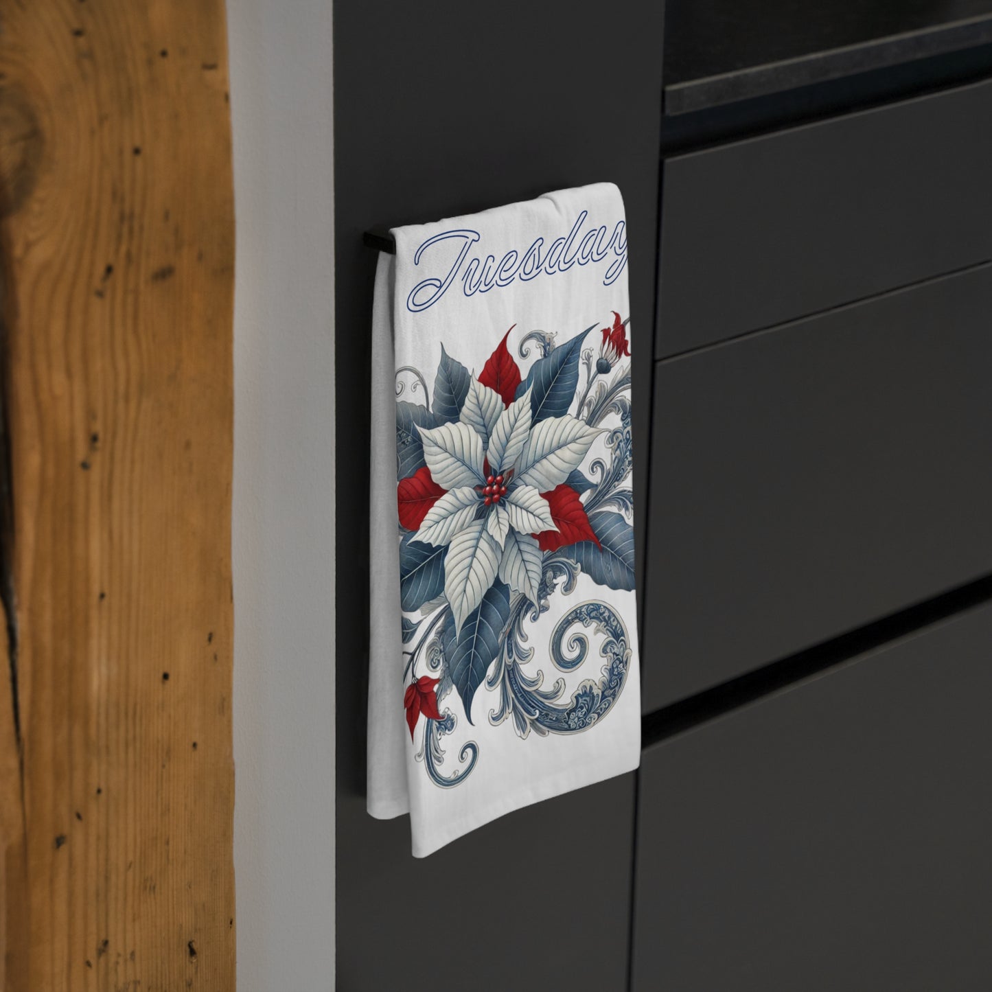 Tuesday - Blue, White, Red Chinoiserie Chique Poinsettia Tea Towel