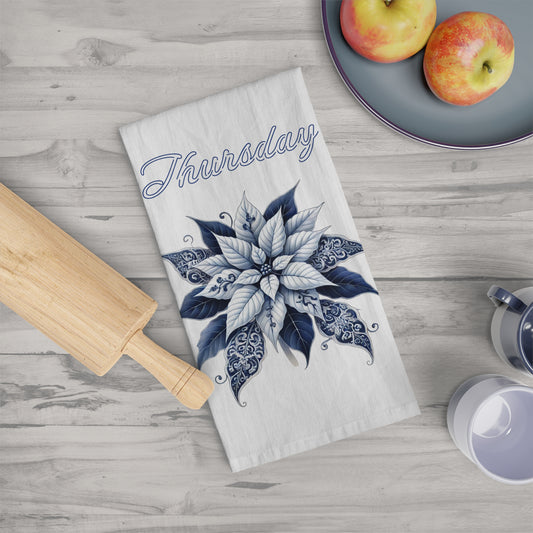 Thursday - Blue and White Chinoiserie Chique Poinsettia Tea Towel