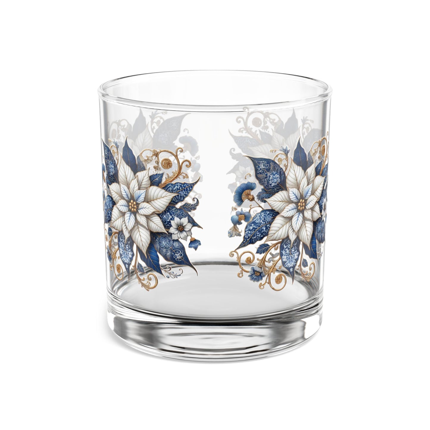 Blue White Poinsettia Festive Design, 10oz Drink Glass