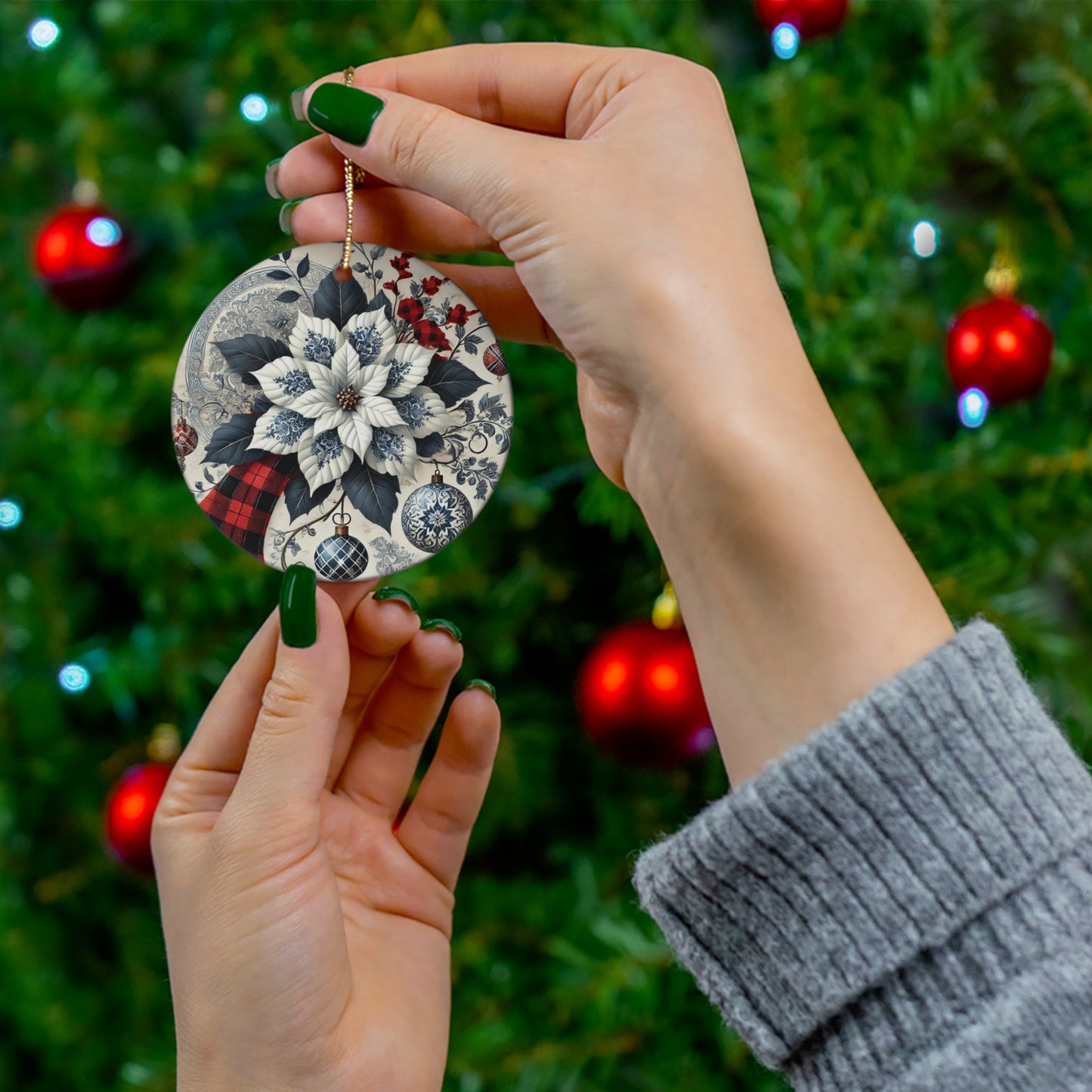 Blue White Buffalo Plaid Style4 Chinoiserie Chique Ceramic Ornament, 3 shapes available